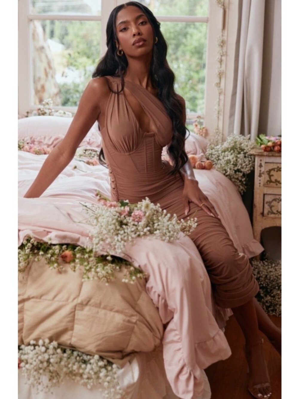 NEW House of CB Valentina Midi Dress Mocha Ruched Bodycon Cutout Asymmetrical